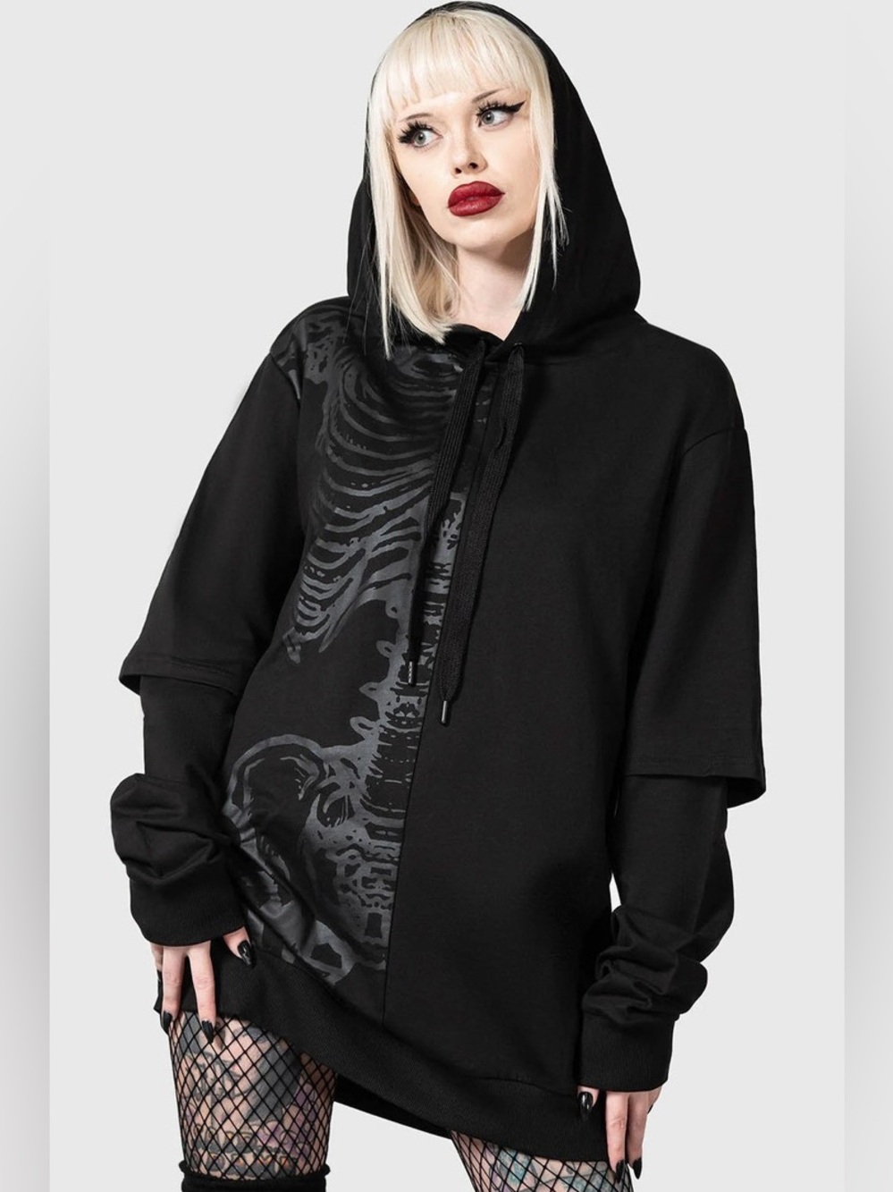 Killstar Bad2the Hoodie Black Graphic Oversized Hoodie with Skeleton Print